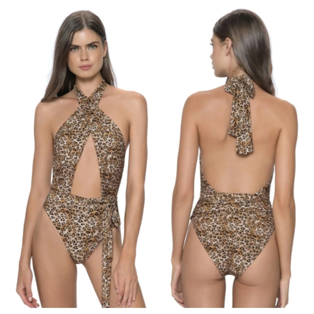 PQ SWIM Alex Leopard Print Halter One Piece Swimsuit